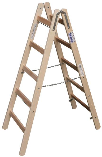 Eine Holzstufenleiter mit fünf Stufen und Sicherheitsketten, entwickelt für stabilen Einsatz bei Arbeiten in erhöhten Positionen.