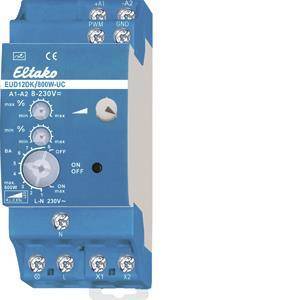Blauer Eltako-Dimmschalter Modell EUD12D, gekennzeichnet mit Leistungsspezifikation A1-2, 8-230V. Verfügt über einen verstellbaren Drehregler und mehrere Anschllusspunkte.
