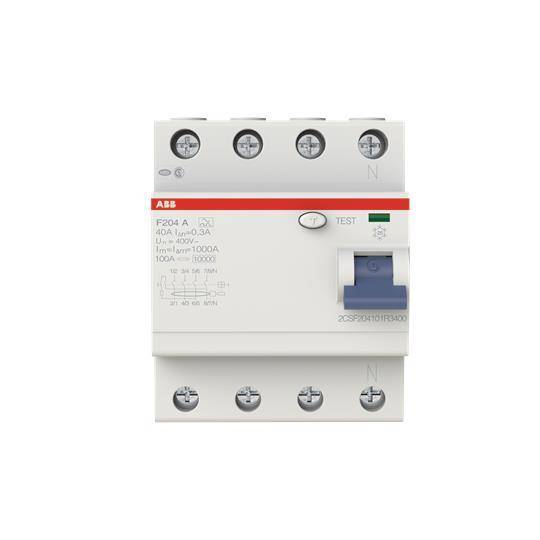 Ein Leitungsschutzschalter mit einer Prüftaste, bemessen mit 40A, 400V, 30mA. Mit einem roten Streifen gekennzeichnet und mit Beschriftungen für Neutral- und Phasenleitungsanschlüsse.