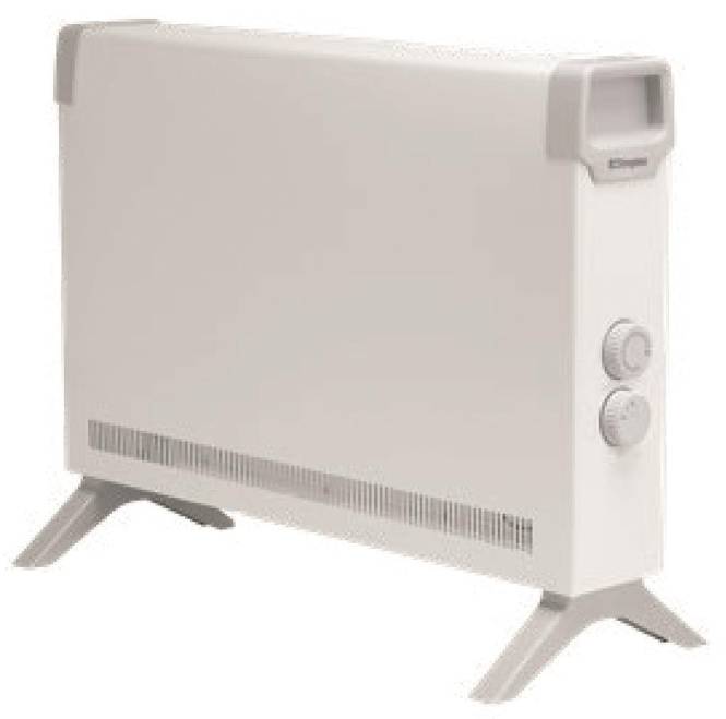 Ein weißer elektrischer Konvektionsheizerheizer mit zwei Bedienungsreglern und einer belüfteten Frontplatte, entworfen für die Nutzung im Haushalt.