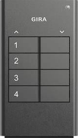 Ein Tastenfeld mit vier nummerierten Tasten in zwei Spalten mit den Bezeichnungen 1, 2, 3 und 4, mit Pfeilen nach oben und unten darüber.