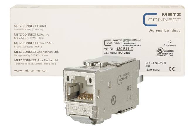Ein Ethernet-Buchse aus Metall mit der Bezeichnung „METZ CONNECT