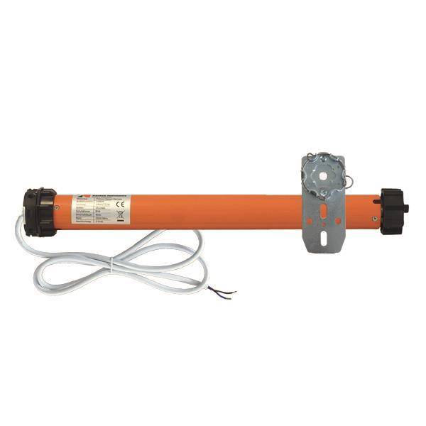 Ein orangefarbener motorisierter Rohrmotor mit angebrachter Verdrahtung, der zum Betreiben von Rollläden oder Jalousien verwendet wird, mit einer Montageklammer an der Seite.