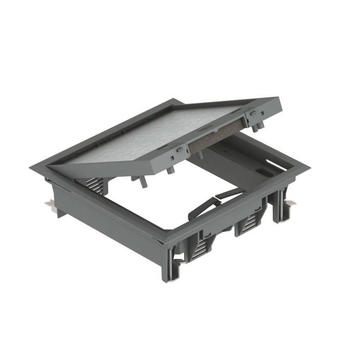 Eine rechteckige, graue Kunststoff-Bodendose mit Deckel mit Scharnier, teilweise offen, die Fächer für die Aufnahme von Steckdosen zeigt.