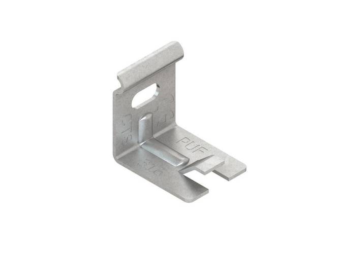 Eine kleine Metallhalterung mit flacher Basis und senkrechter Verlängerung, mit einem Loch und der Aufschrift „PUF