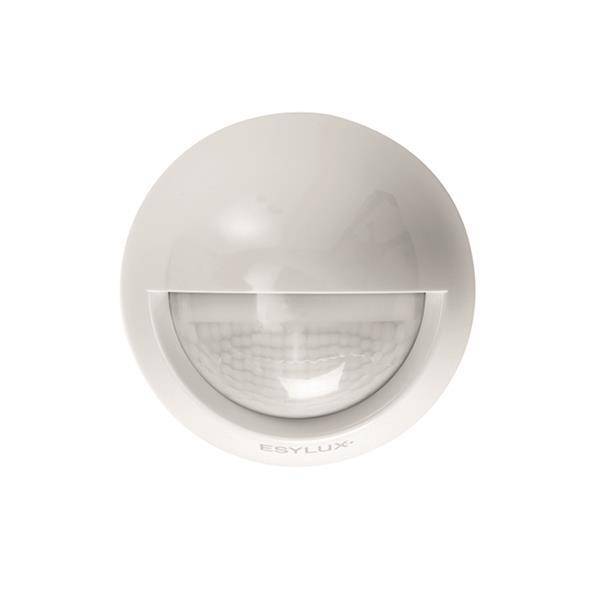 Ein runder, weißer Bewegungsmelder mit der Bezeichnung 'ESYLUX', der zur Bewegungserkennung und Aktivierung von Geräten wie Lichtern oder Alarmen verwendet wird.