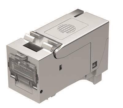 Metall-Keystone-Buchse mit sicherer Verriegelung, verwendet zum Verbinden von Ethernet-Kabeln in Netzwerk-Installationen.