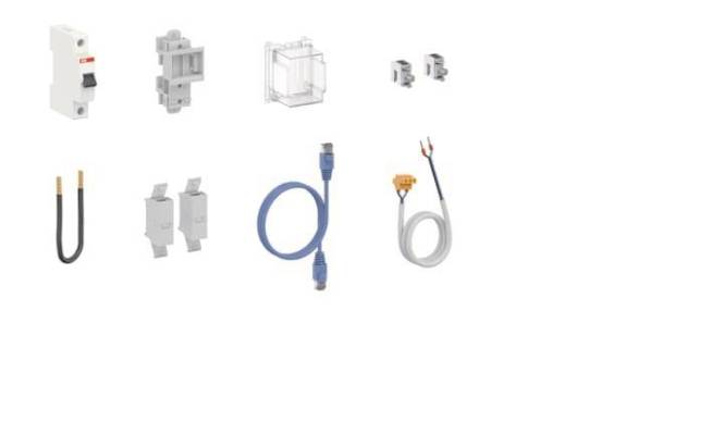 Elektrische Komponenten einschließlich Steckverbinder, Kabel, Schutzschalter und Stecker, die in Reihen auf weißem Hintergrund angeordnet sind.