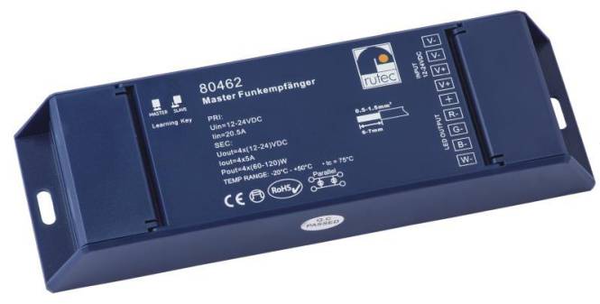 Blaues elektrisches Gerät mit der Bezeichnung „Master Funkempfänger