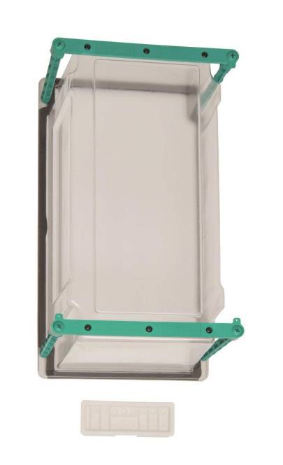 Ein durchsichtiger Kunststoffbehälter mit einem grünen Verschlussmechanismus, von oben betrachtet, wahrscheinlich für Lagerungs- oder Organisationszwecke verwendet.