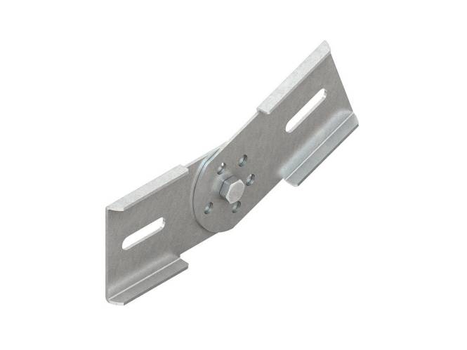 Ein Metallscharnierbeschlag mit Schlitzlöchern und einem zentralen Bolzen, der für verstellbare Verbindungen und Unterstützung in Konstruktionsanwendungen verwendet wird.