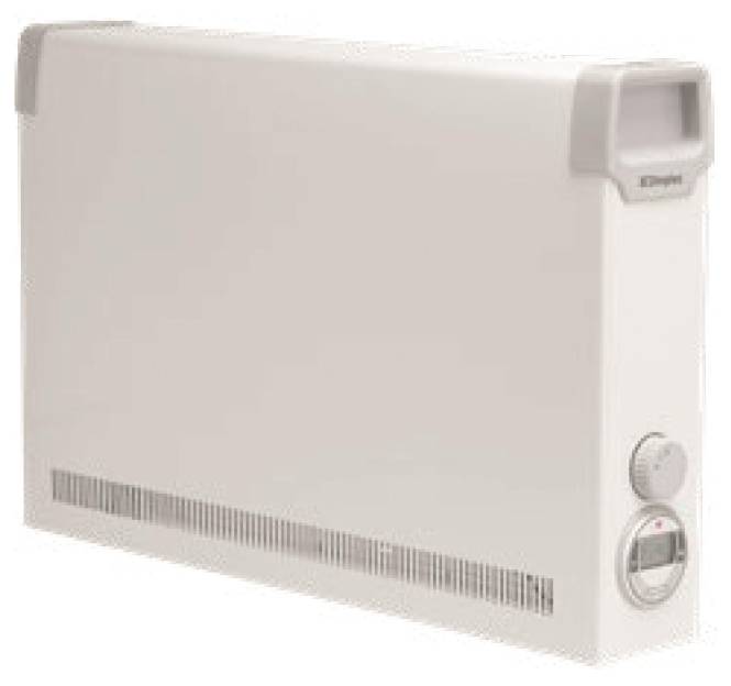 Ein weißer wandmontierter Konvektionsheizer mit Stellreglern an der Seite, entwickelt zur Innenraumheizung.