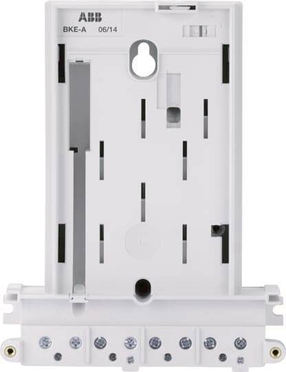 Eine weiße Kunststoff-Elektronik-Halterung mit vertikalen Schlitzen zur Komponentenbefestigung und einer zentralen Öffnung für Leitungszugang.