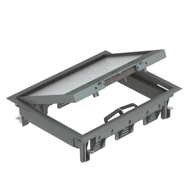 Ein grauer Kunststoffkasten in rechteckiger Form mit Deckel, teilweise geöffnet, wobei ein Filter im Inneren sichtbar ist. Der Kasten verfügt über einen Griff und Stützfüße.