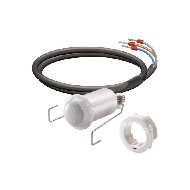 Ein Bewegungsmelder mit Verdrahtung und einer Montageklammer, ausgelegt für die Deckenmontage, mit einem zusätzlichen kreisförmigen Befestigungsteil.