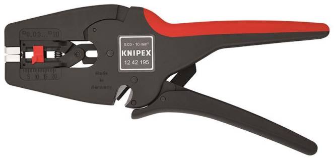 Rot-schwarzes Knipex Automatik-Abisolierwerkzeug, beschriftet mit „Made in Germany