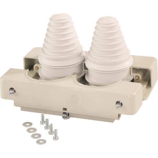 Zwei beige Porzellan-Sicherungsausschalter auf einer Halterung montiert, begleitet von vier kleinen Metallunterlegscheiben und Schrauben, die für elektrische Sicherheit verwendet werden.