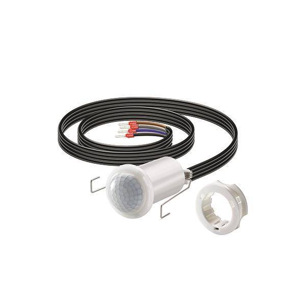 Deckenmontierter Bewegungsmelder mit weißem kreisförmigem Design, schwarzem mehradriges Kabel und Montageklammer für Sicherheitssysteme.