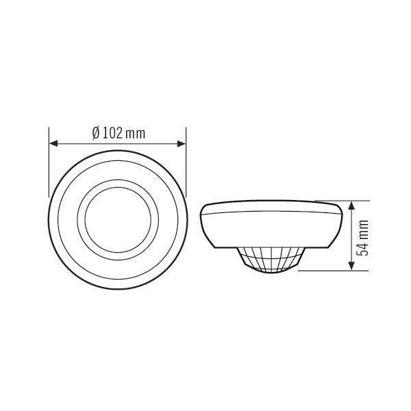 Diagramm eines kreisförmigen, an der Decke montierten Sensors mit Abmessungen: Durchmesser 102 mm und Höhe 54 mm, Seiten- und Draufsicht enthalten.