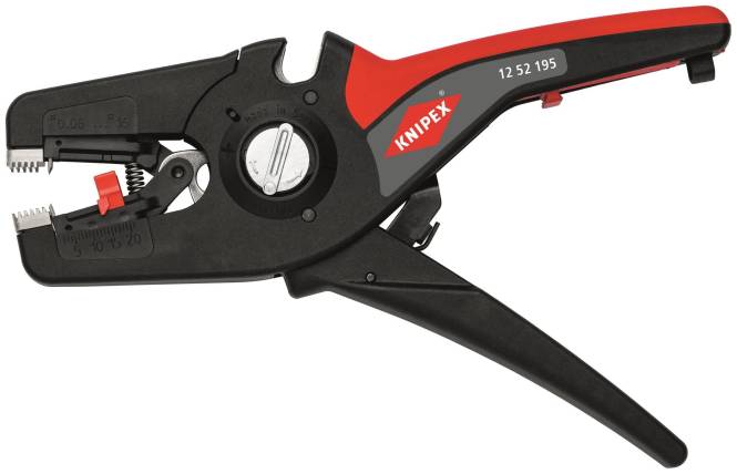 Knipex-Marken-Werkzeug, wahrscheinlich eine Abisolierzange, mit rotem und schwarzem Design, sichtbarem Einstellrad und Federmechanismus.