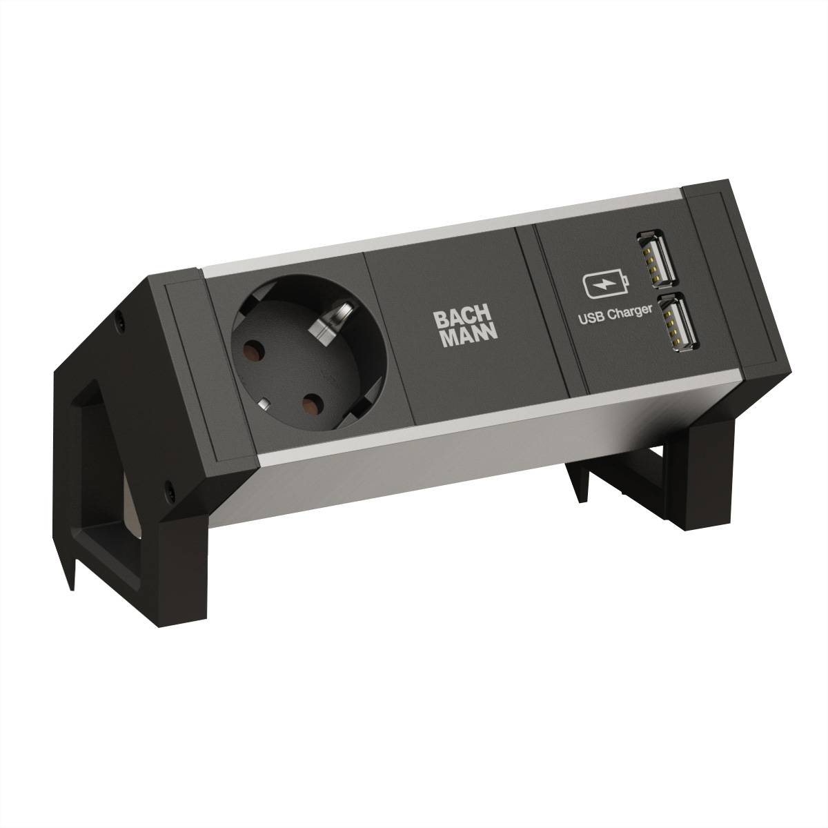 BACHMANN DESK2 ALU BLACK 1x Schutzkontakt 1x USB-Charger GST18 Steckdosenleisten DESK 2