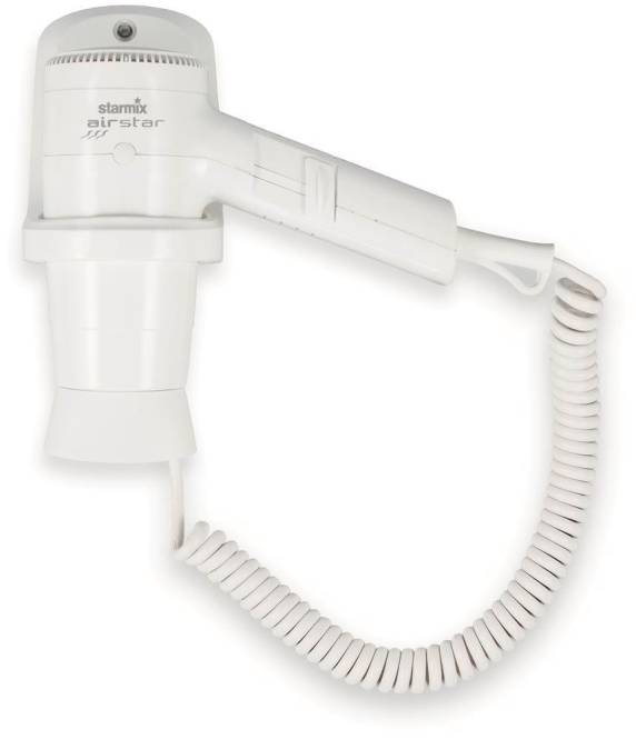 Ein weißer wandmontierter Haartrockner mit aufgewickeltem Kabel, beschriftet mit „starmix air-star