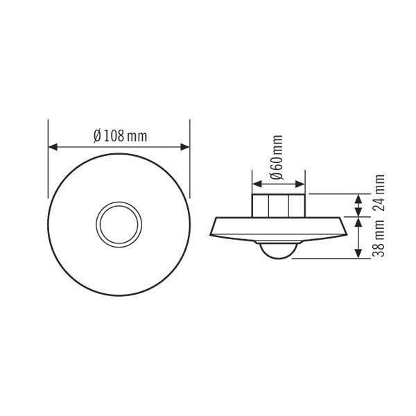 Diagramm mit Abmessungen eines kreisförmigen Objekts: 108 mm Durchmesser, 60 mm innerer Kreis, 38 mm Höhe, mit einer 24 mm Vertiefung.
