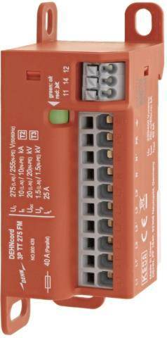 Eine Nahaufnahme eines roten elektrischen Geräts, das Spannungsspezifikationen und Anschllussklemmen zeigt. Eine grüne Anzeigelampe ist sichtbar.