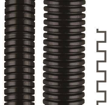 Zwei schwarze, gewellte Rohrabschnitte werden vertikal dargestellt. Rechts ist eine vereinfachte Linienzeichnung, die ihre gewellte Struktur veranschaulicht.