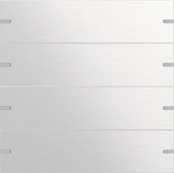 Eine glatte, metallische Oberfläche mit gebürsteter Oberfläche, mit horizontalen Paneelen und gleichmäßig verteilten kleinen Schlitzen an den Kanten.