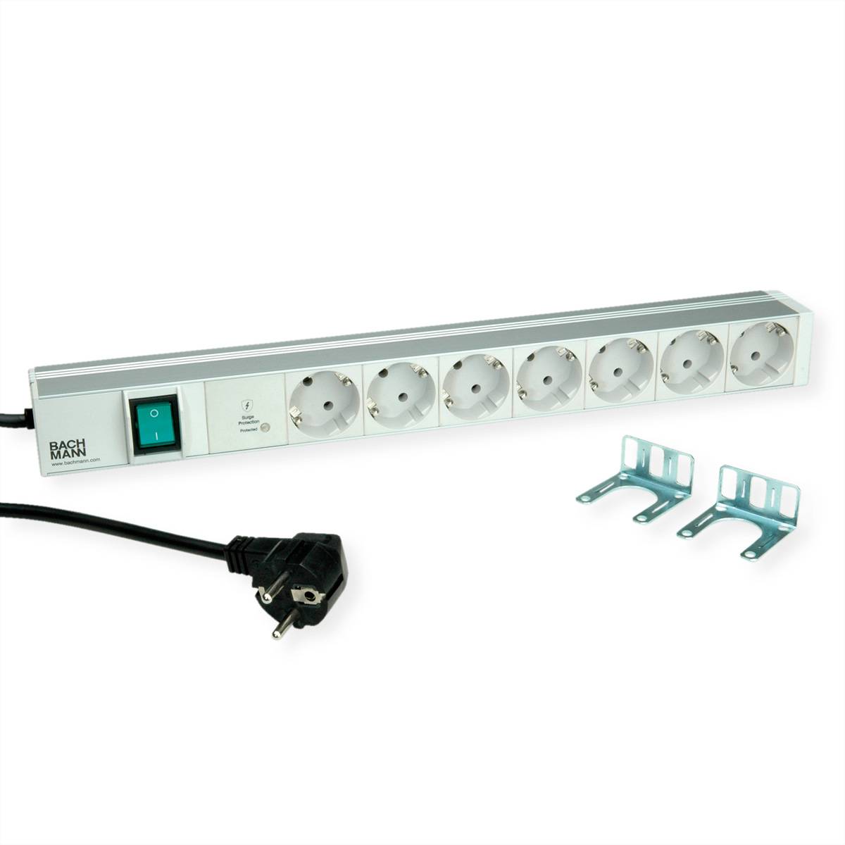 BACHMANN 19 1HE 7xCEE7/3 1xSPD-Plus 1xSchalter 2,0m CEE7/7 Steckdosenleisten IT-Steckdosenleiste