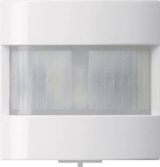 Ein weißer rechteckiger Bewegungsmelder mit matter Linse, entwickelt zur Bewegungserkennung. Montiert auf einer glatten Oberfläche.