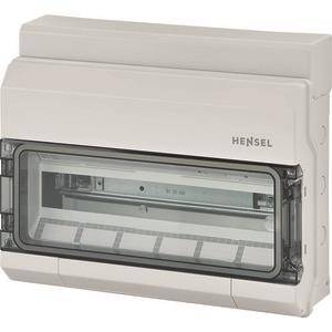 Leere Elektroverteilerdose mit transparentem Deckel, gekennzeichnet mit Hensel, konzipiert zur Aufnahme und zum Schutz von Schaltkomponenten.