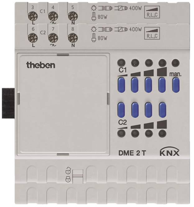 Ein graues Elektromodul mit der Bezeichnung „theben DME 2 T KNX
