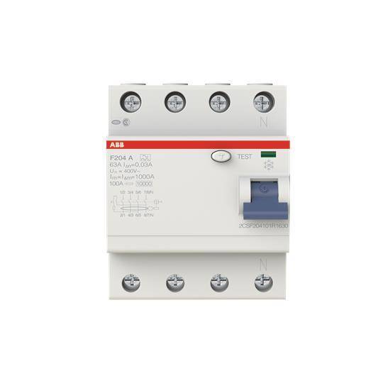 Ein vierpoliger Fehlerstromschutzschalter mit Prüftaste und gekennzeichneten Spezifikationen, verwendet zum Schutz von Elektrokreisen.