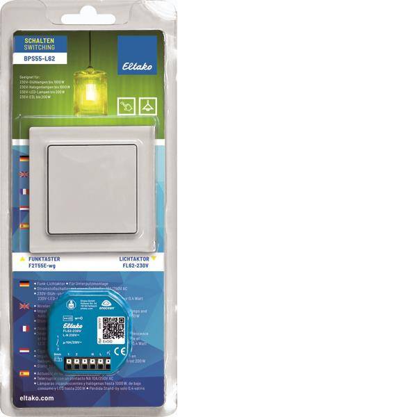 Verpackung des Eltako BP55S-L62 mit einem Lichtschalter und einem drahtlosen Sendemodul. Enthält Produktmarkenzeichen und Spezifikationen.
