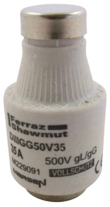 Eine zylindrische 'Ferraz Shawmut' Sicherung mit der Kennzeichnung 'DII/GG50V35 35A 500V gI/gG' und gerippter Oberseite.