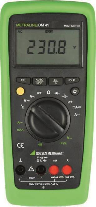 Ein digitales Multimeter mit grünem Gehäuse, das ein Drehwähler zur Auswahl von Messtypen wie Spannung, Widerstand und Stromstärke hat.