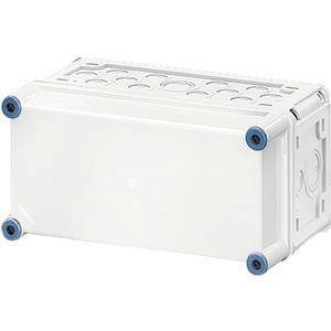 Ein rechteckiges weißes elektronisches Gehäuse mit mehreren kreisförmigen Ausschnitten auf einer Seite und blauen kreisförmigen Knöpfen an den Ecken.