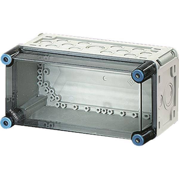 Ein durchsichtiges Kunststoffgehäuse für Elektronik mit mehreren kreisförmigen Öffnungen, blaue Schutzkappe an den Ecken für die Kabelführung in elektrischen Anlagen.