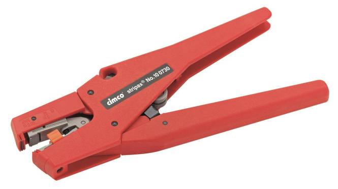 Ein rotes Abisolierwerkzeug mit verstellbaren Klingen zum Entfernen der Isolierung von elektrischen Drähten, mit der Bezeichnung „klauke stripax Nr. 10 0730