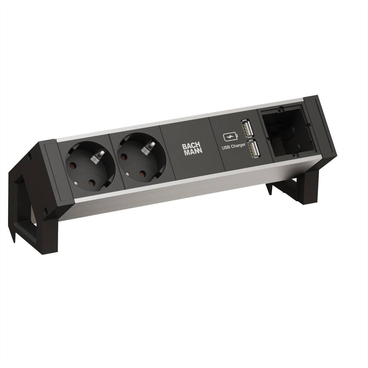 BACHMANN DESK2 ALU BLACK 2x Schutzkontakt 1x USB-Charger 1x ABD GST18 Steckdosenleisten DESK 2