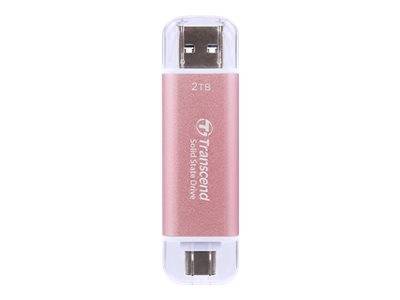 Ein rosa Transcend-USB-Stick mit durchsichtiger Kappe, mit 