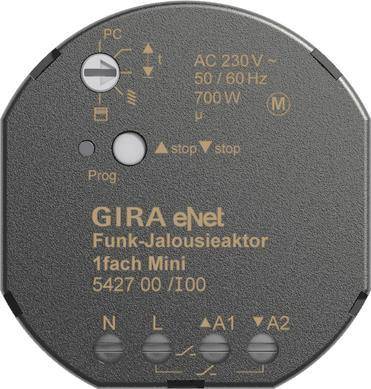 GIRA eNet Funk-Jalousieaktor, 1fach Mini, AC 230V, 50/60Hz, 700W, Modell 5427 00/I00. Kreisförmiges Gerät mit gekennzeichneten technischen Spezifikationen.