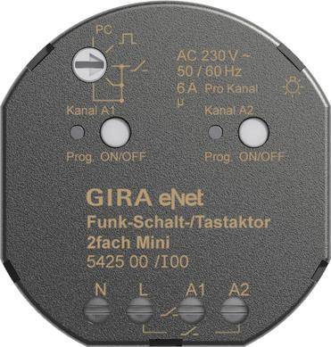 GIRA eNet Funk-Schalt/Tastaktor Funk Mini' Gerätefront mit Tasten, beschrifteten Anschlüssen und Spezifikationen für 230V, 50/60Hz, 6A.