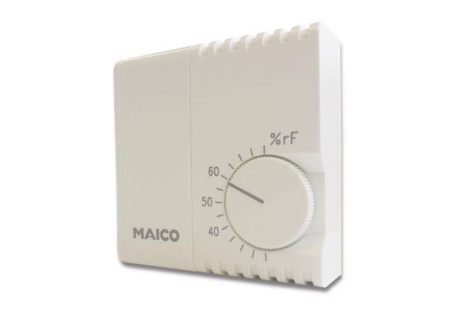 Ein weißes Feuchtigkeitskontrollgerät mit einem Drehregler, der von 30 bis 100 markiert ist und die aktuelle Einstellung bei 60% relativer Feuchte anzeigt, mit der Marke „MAICO