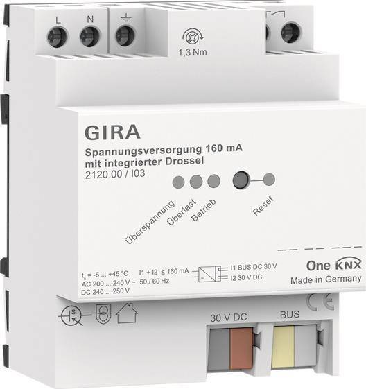 GIRA Spannungsversorgung 160 mA – Stromversorgungsgerät für KNX-Systeme. Ausgestattet mit Spannungsindikatoren und Rücksetztaste, hergestellt in Deutschland.