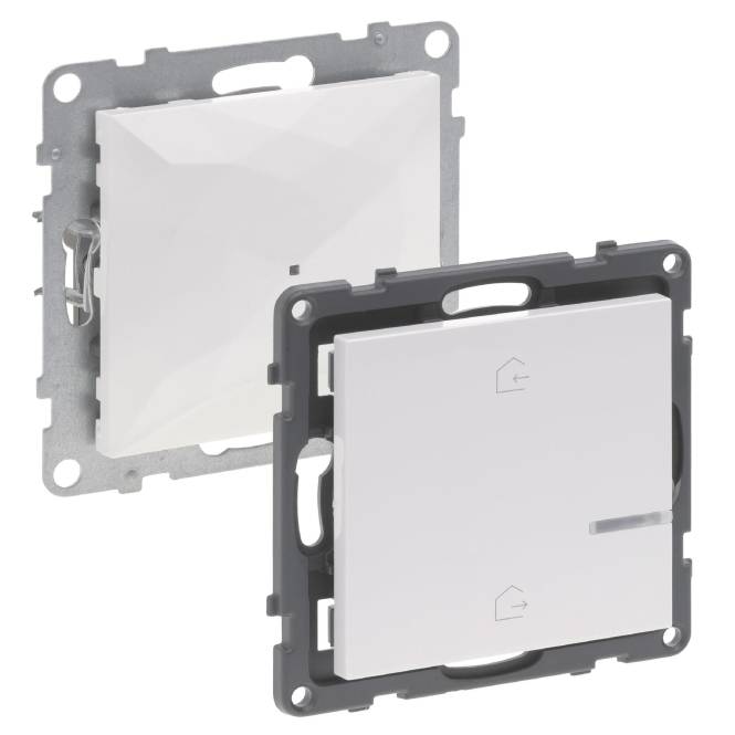 Zwei weiße elektrische Wandschalter, dargestellt in Front- und Seitenansichten, weisen ein modernes, minimalistisches Design mit einer glatten Oberfläche auf.