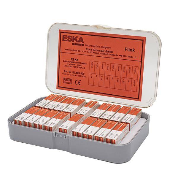 ESKA 5x20mm F Sortiment 250V E3520.800 360xFeinsicherung 100mA-6,3A flink Install.Baumaterial