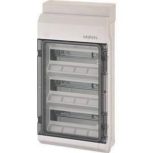 Eine elektrische Verteilerdose mit drei Reihen, die für den Schutz von Stromkreisen ausgelegt ist. Die Box ist mit „Hensel